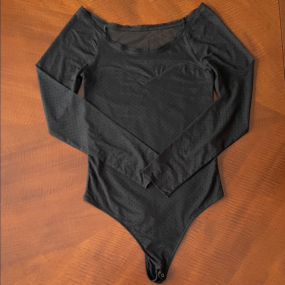 Abercrombie & Fitch Black Polka Dot Detail Mesh Long Sleeve Bodysuit